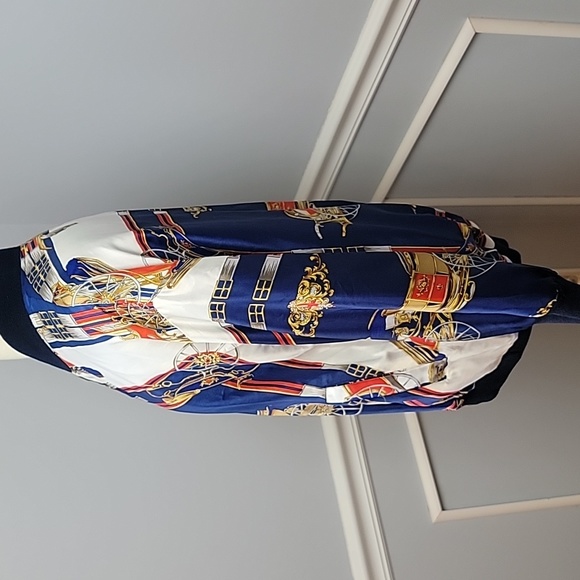 STAGECOACH Print Old Money Reversible Navy Blue Satin Zip Preppy Bomber Jacket - Picture 2 of 9